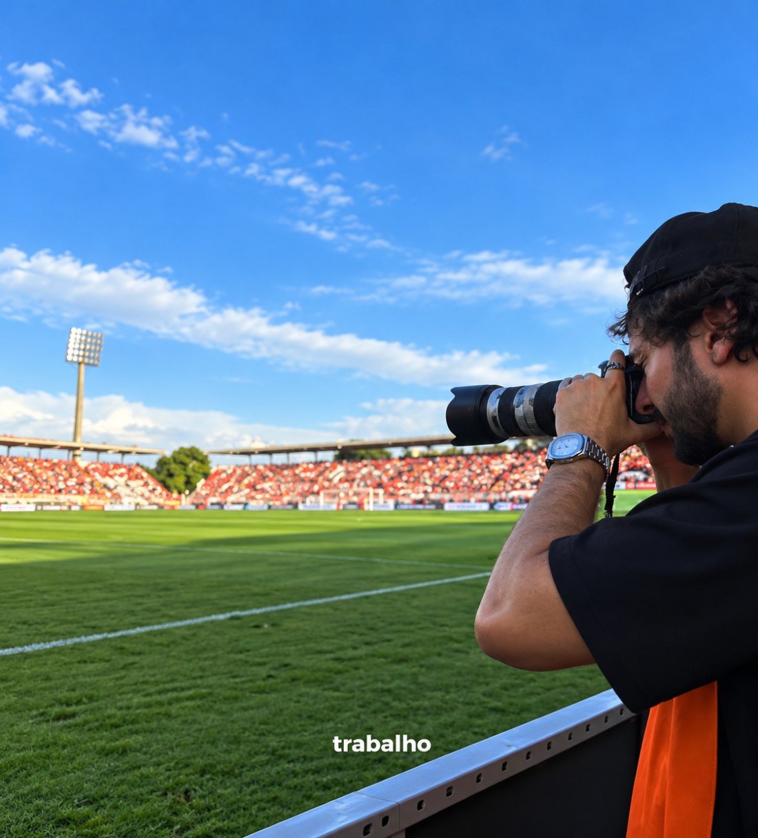 Fotógrafo da Agência Izzy registrando jogo no estádio